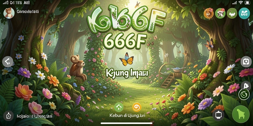 Screenshot utama 666F menampilkan kebun virtual yang rimbun dan berwarna-warni.