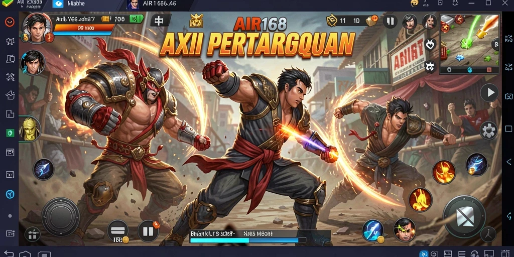 Tangkapan layar utama menunjukkan pertarungan intens dengan karakter yang beraksi.