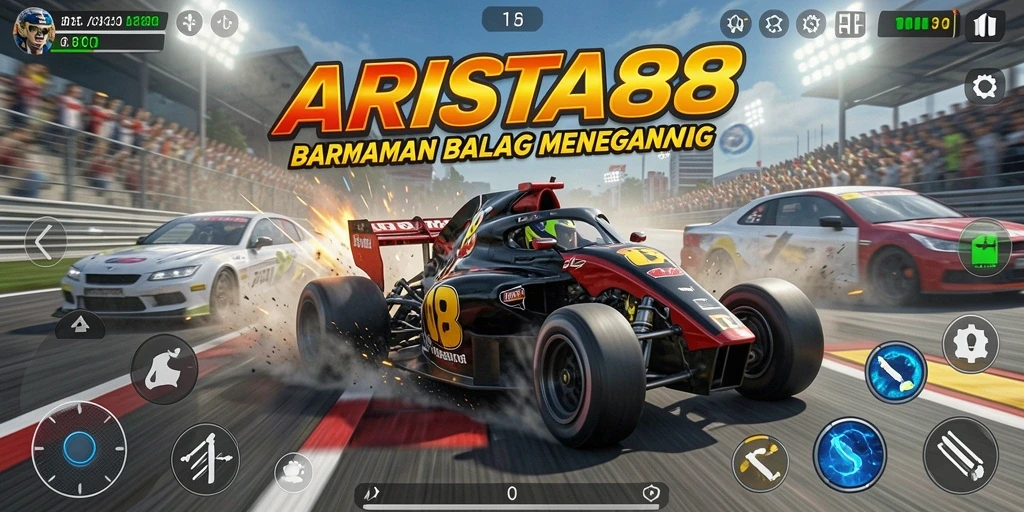 Tampilan gameplay ARISTA88 dengan balapan seru dan kendaraan yang keren.
