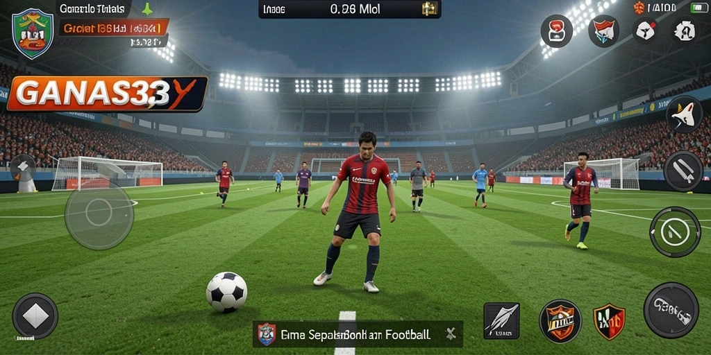 Screenshot gameplay GANAS33 menampilkan aksi seru di lapangan sepak bola.
