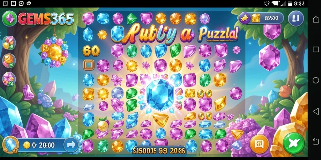 Tampilan gameplay GEMS365 dengan permata warna-warni dan tantangan menarik.