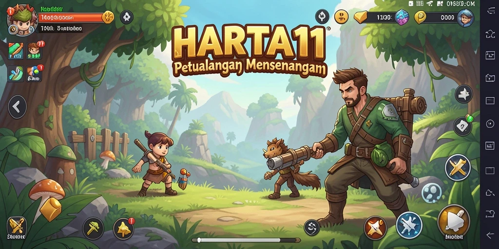 Screenshot gameplay HARTA11 menunjukkan karakter yang sedang bekerja di berbagai lokasi.