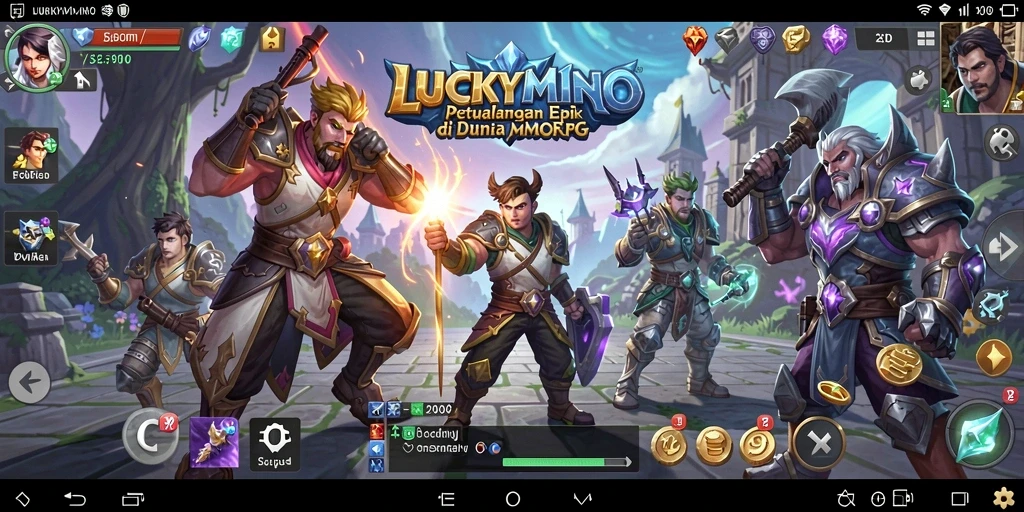 Tangkapan layar utama LUCKYMINO menampilkan pertempuran epik dalam dunia MMORPG.