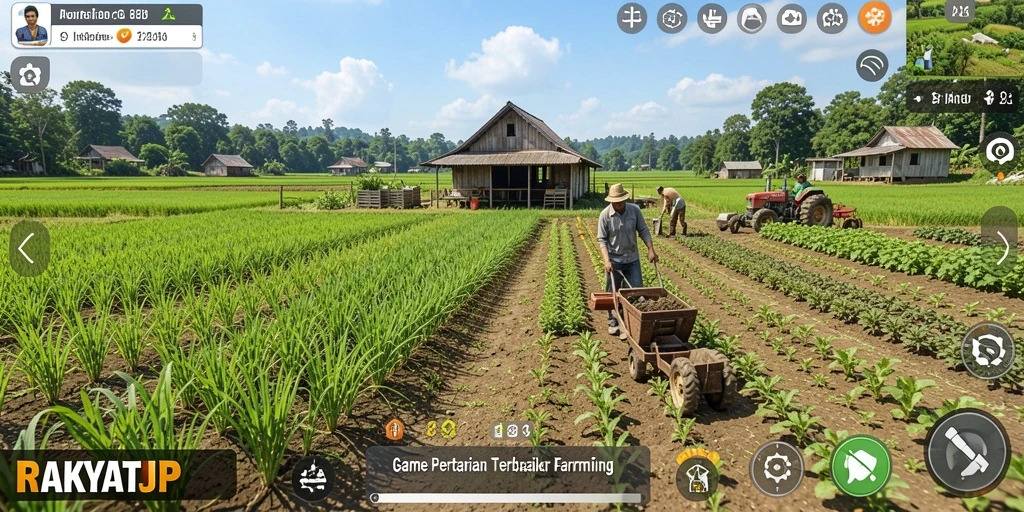 Screenshot gameplay RAKYATJP yang menunjukkan pertanian yang indah.
