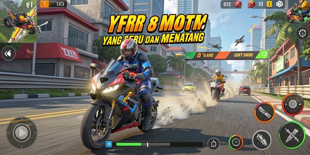 Tampilan balapan seru di YYRR dengan motor cepat dan trek menantang.